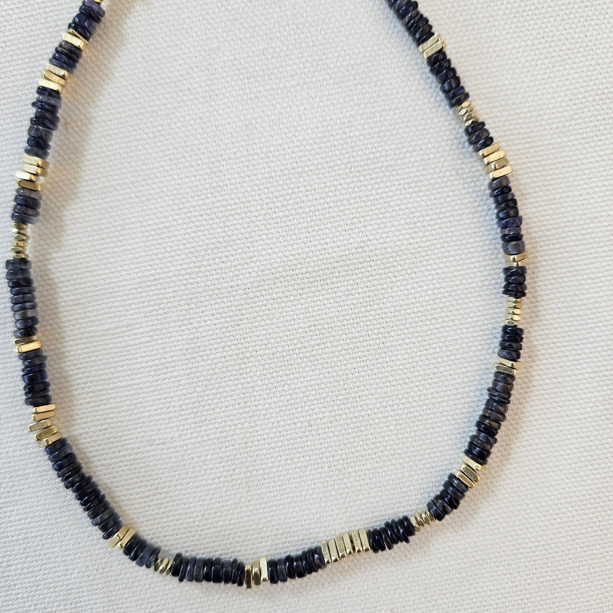 Golden and Blue necklace, handcrafted by Antiqua Jewelry