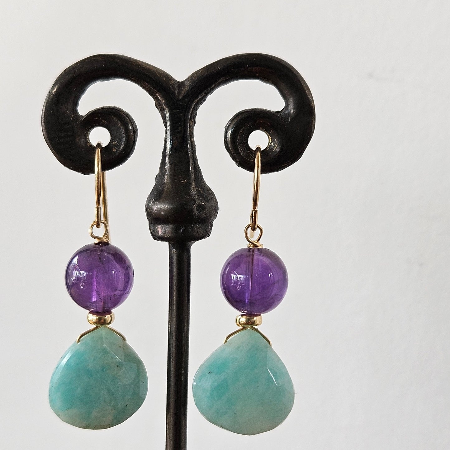Amazonite and Amethyst earrings, handcrafted by Antiqua Jewelry
