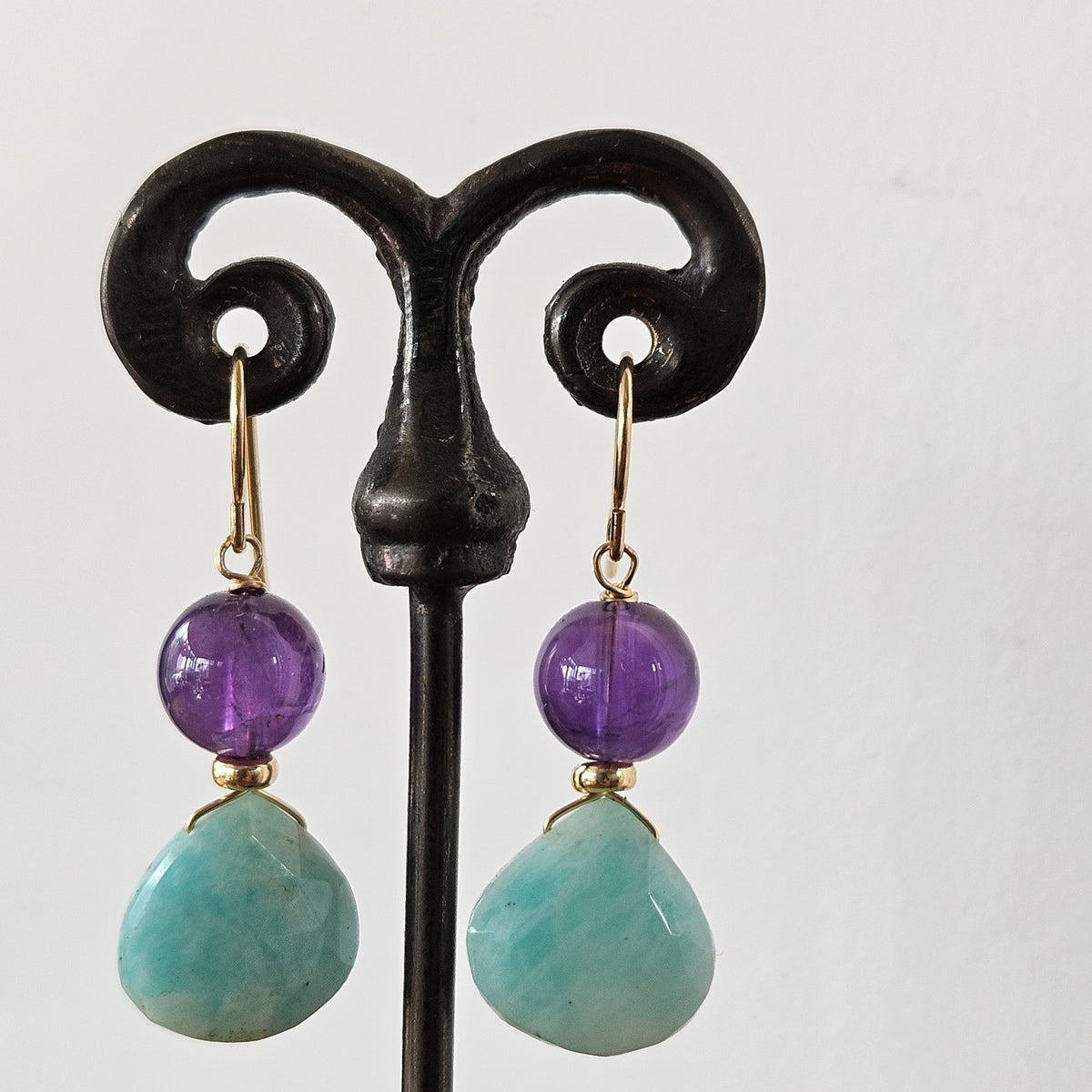 Amazonite and Amethyst earrings, handcrafted by Antiqua Jewelry