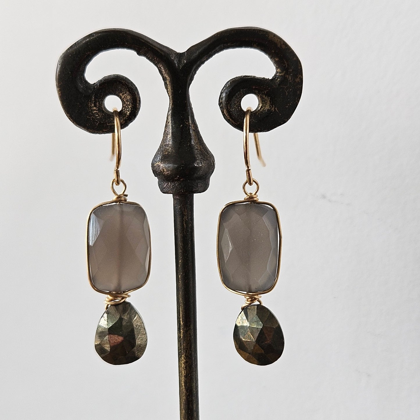 Grey Moonstone and Pyrite earrings in gray and gold, handcrafted by Antiqua Jewelry