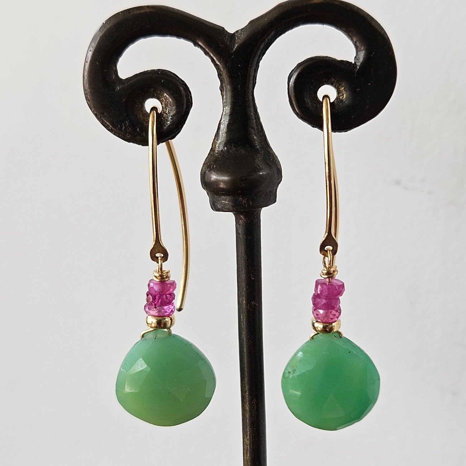 Pink Sapphire and Chrysoprase earrings, handcrafted by Antiqua Jewelry