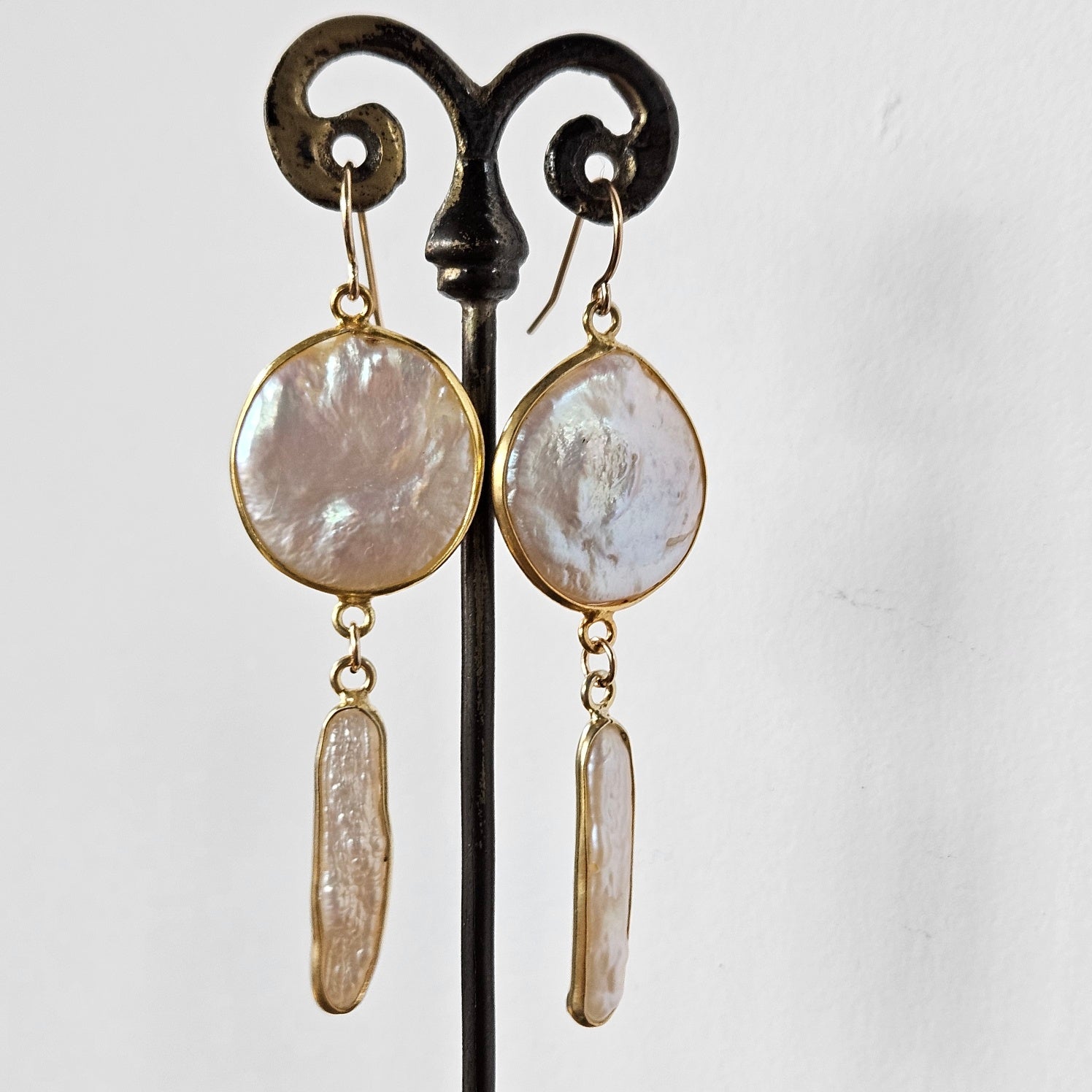Double Pearl bezel setting  earrings in white, handcrafted by Antiqua Jewelry