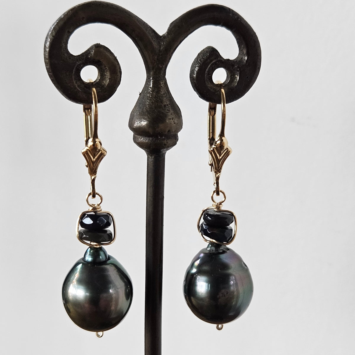 Blue opal Tahitian earrings in gold, handcrafted by Antiqua Jewelry