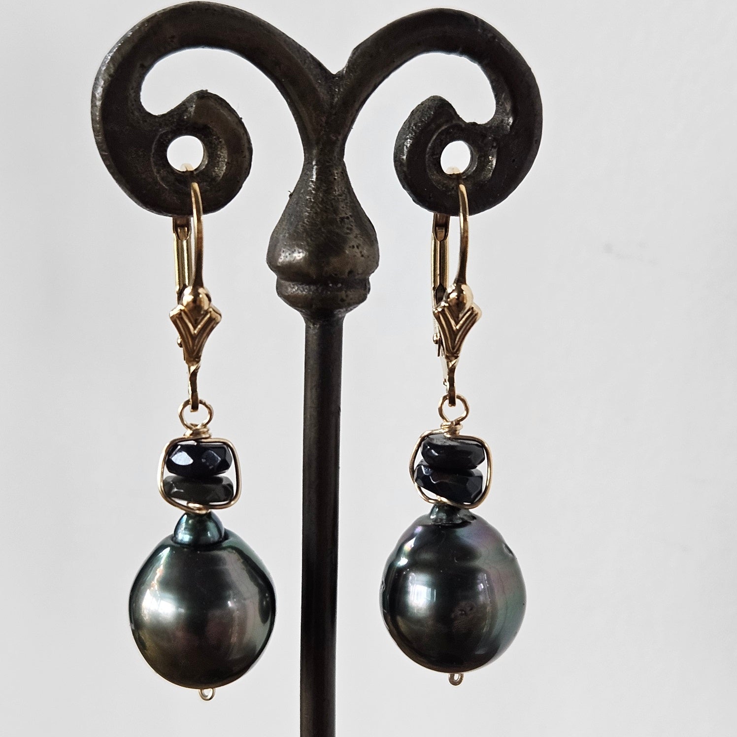 Blue opal Tahitian earrings in gold, handcrafted by Antiqua Jewelry