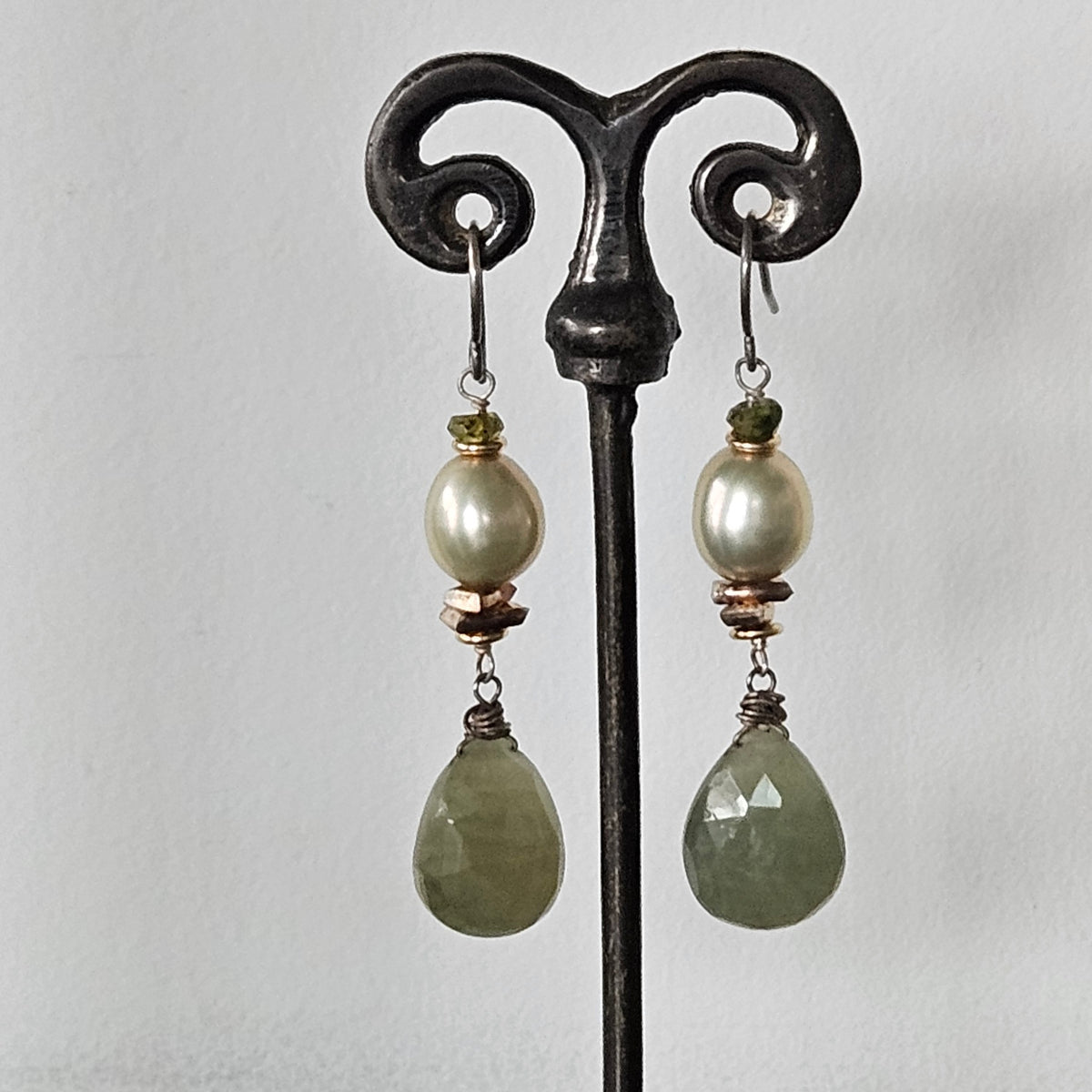 Green Cat's eye earrings, handcrafted by Antiqua Jewelry