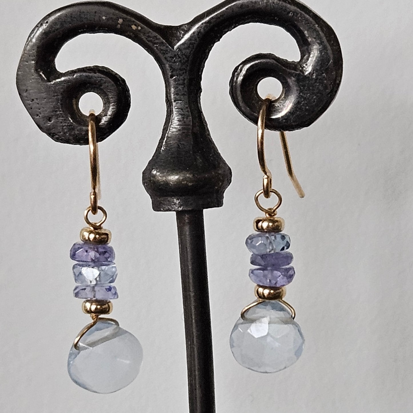 Violet Chalcedony and Tanzanite earrings in gold, handcrafted by Antiqua Jewelry