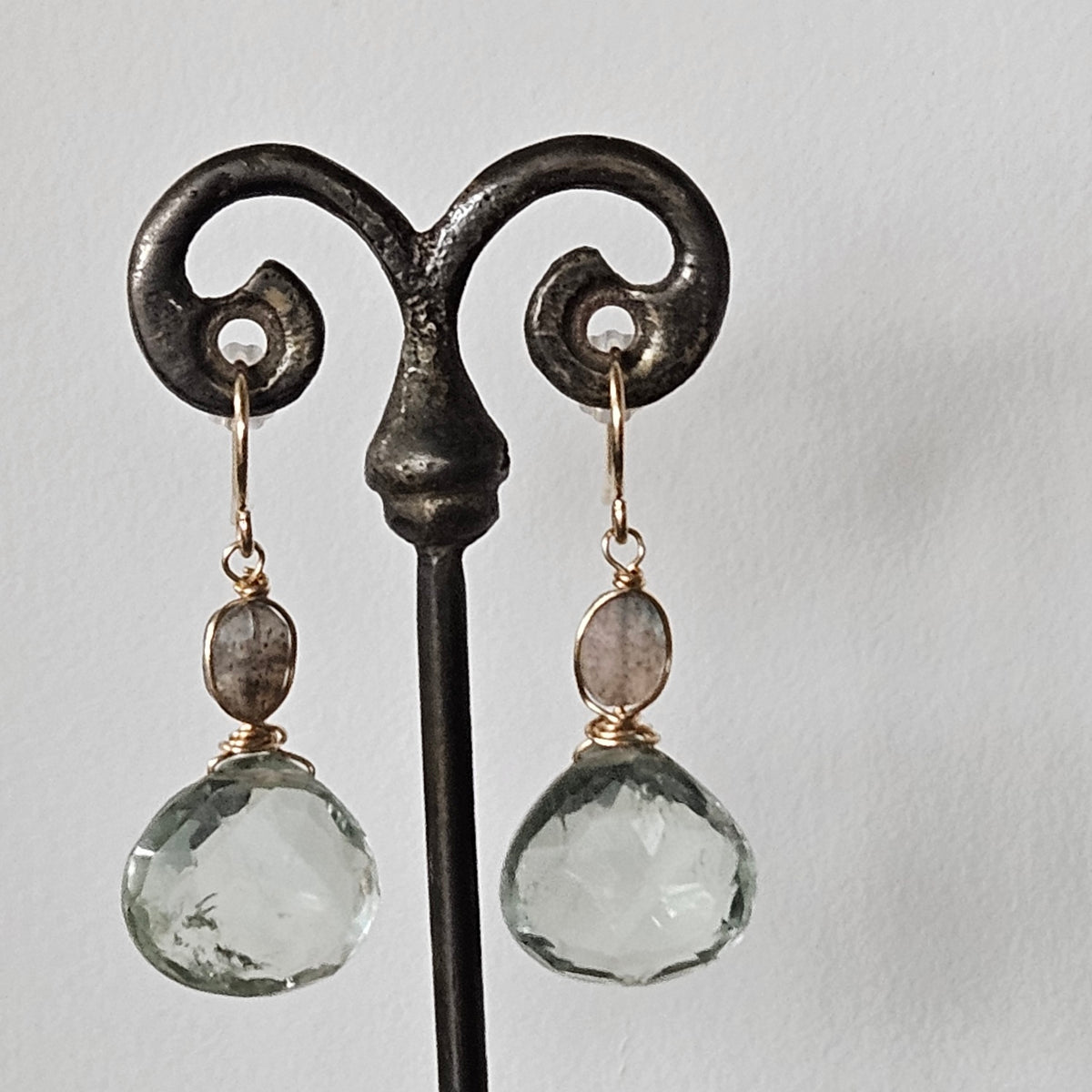 Lab and Green Amethyst earring in black and gold, handcrafted by Antiqua Jewelry