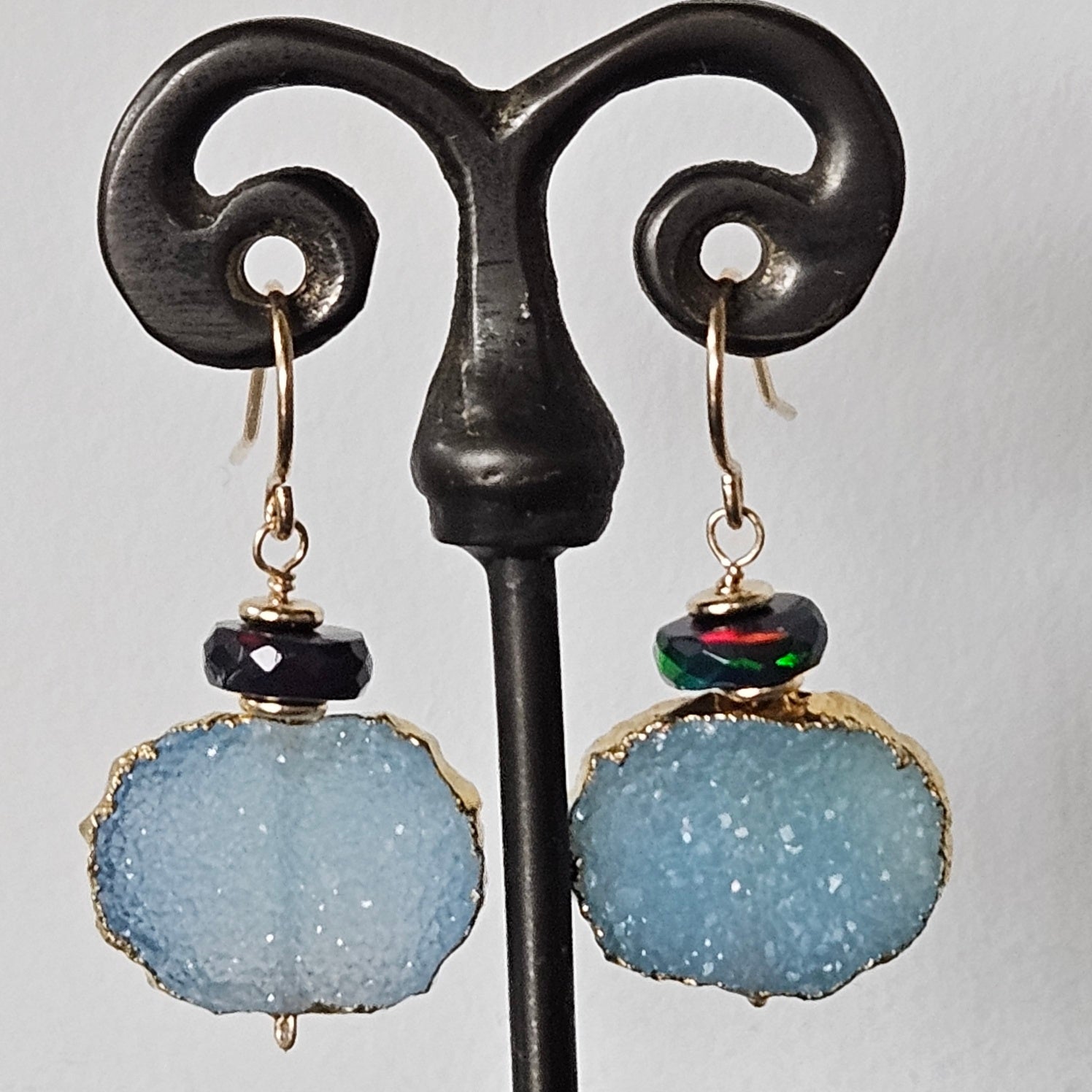 Calcite and Opal earrings, handcrafted by Antiqua Jewelry