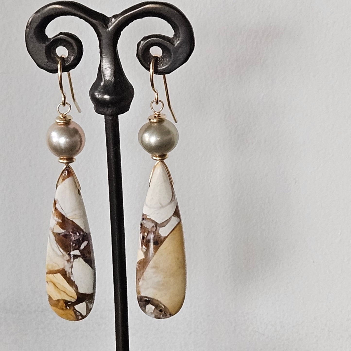 Jasper and Pearl earrings in white, handcrafted by Antiqua Jewelry