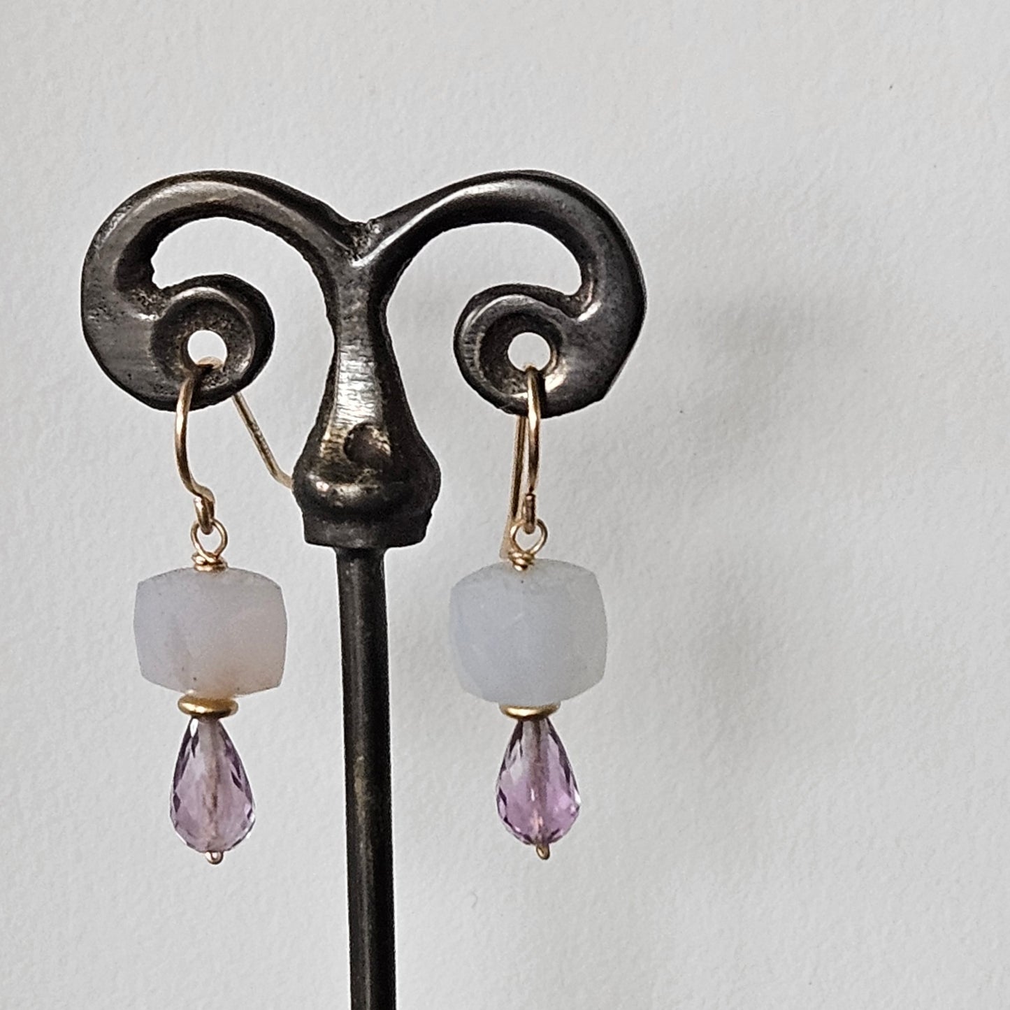 Amethyst and Chalcedony earrings in purple, handcrafted by Antiqua Jewelry