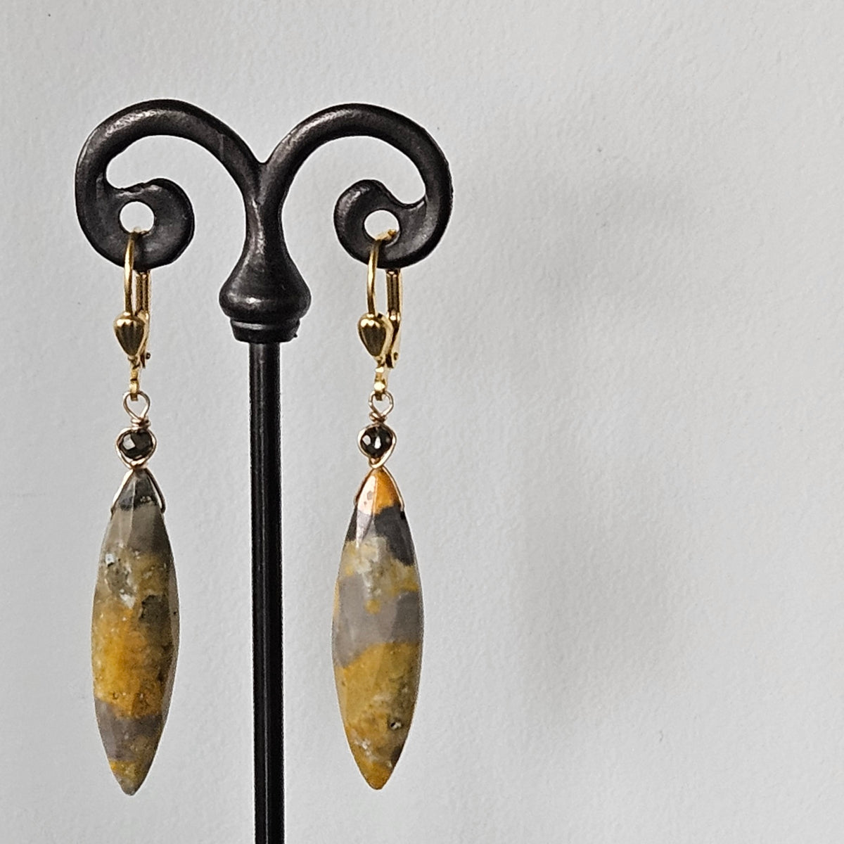 Bumble Bee Jasper earrings in striped and gold-plated, handcrafted by Antiqua Jewelry