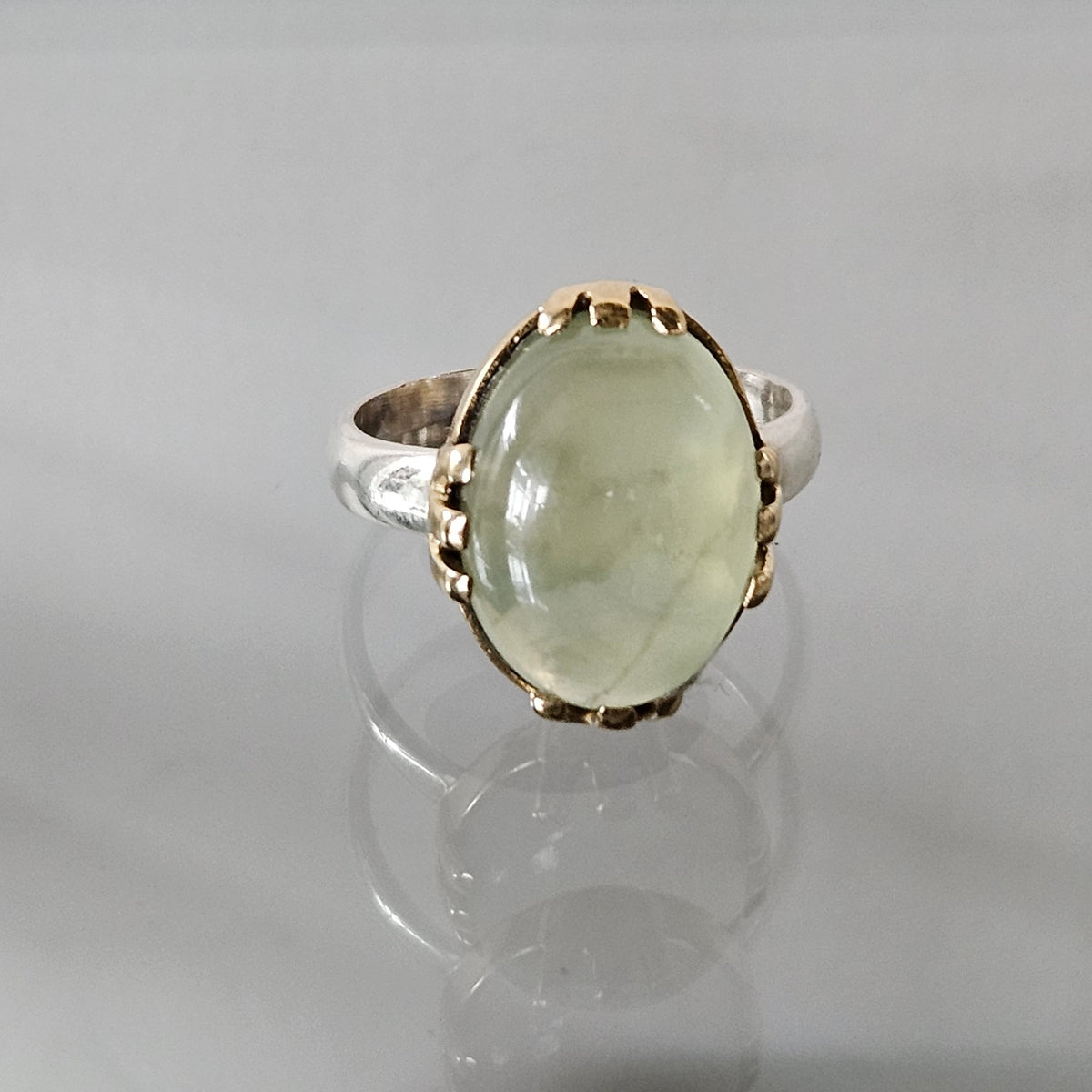 Prehnite Ring in green, handcrafted by Antiqua Jewelry