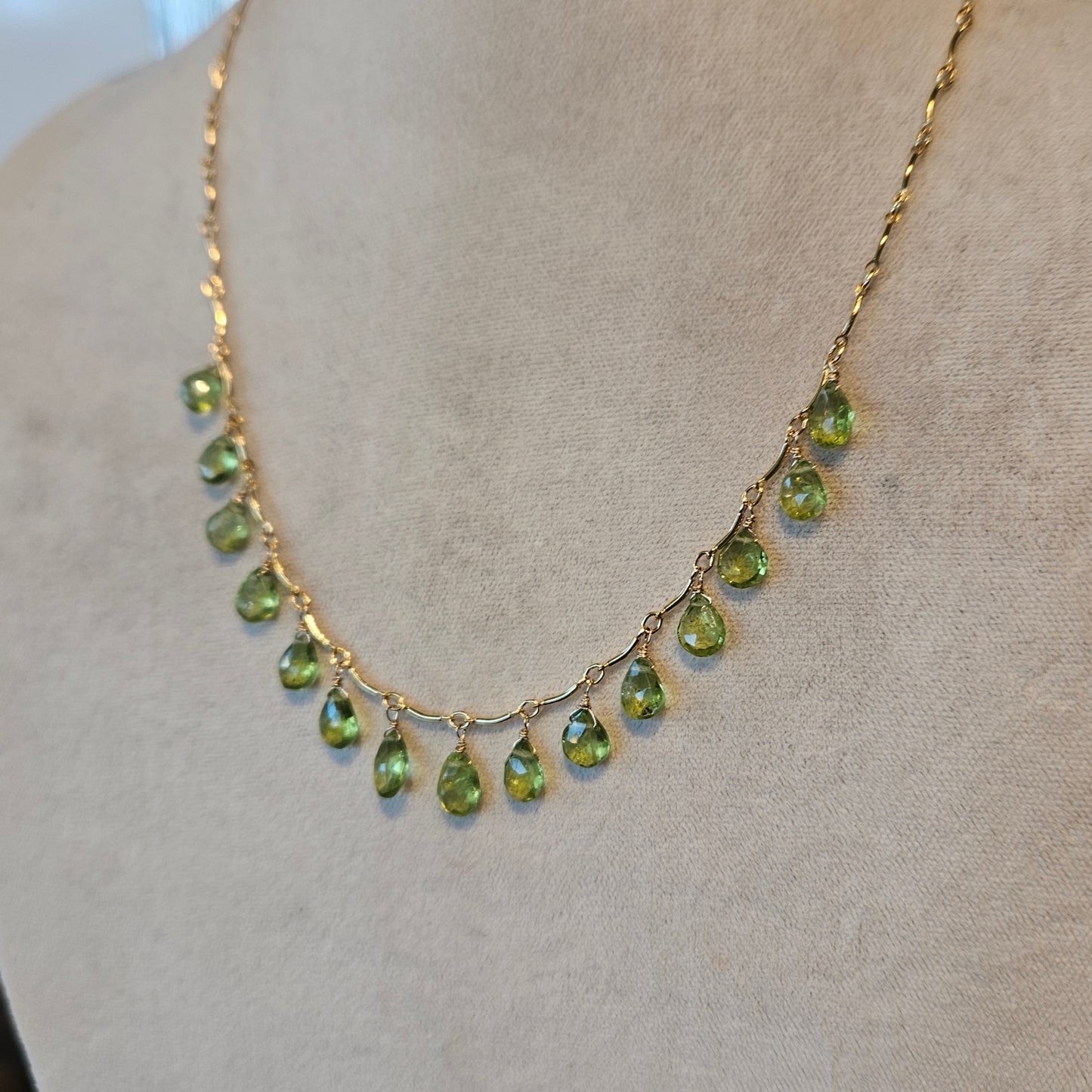 Peridot drops Necklace in green and gold, handcrafted by Antiqua Jewelry