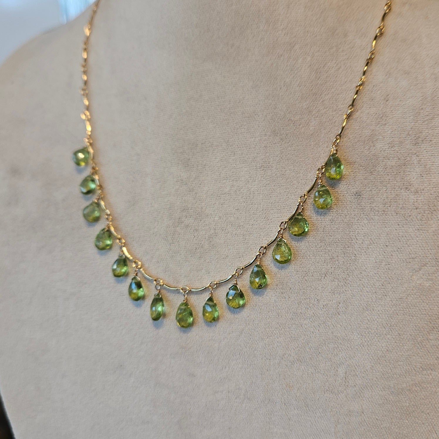 Peridot drops Necklace in green and gold, handcrafted by Antiqua Jewelry