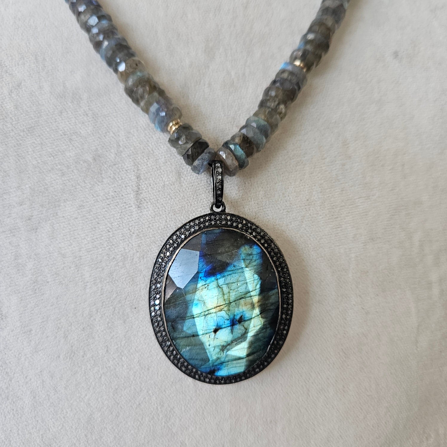 Labradorite statement Necklace in gray, handcrafted by Antiqua Jewelry