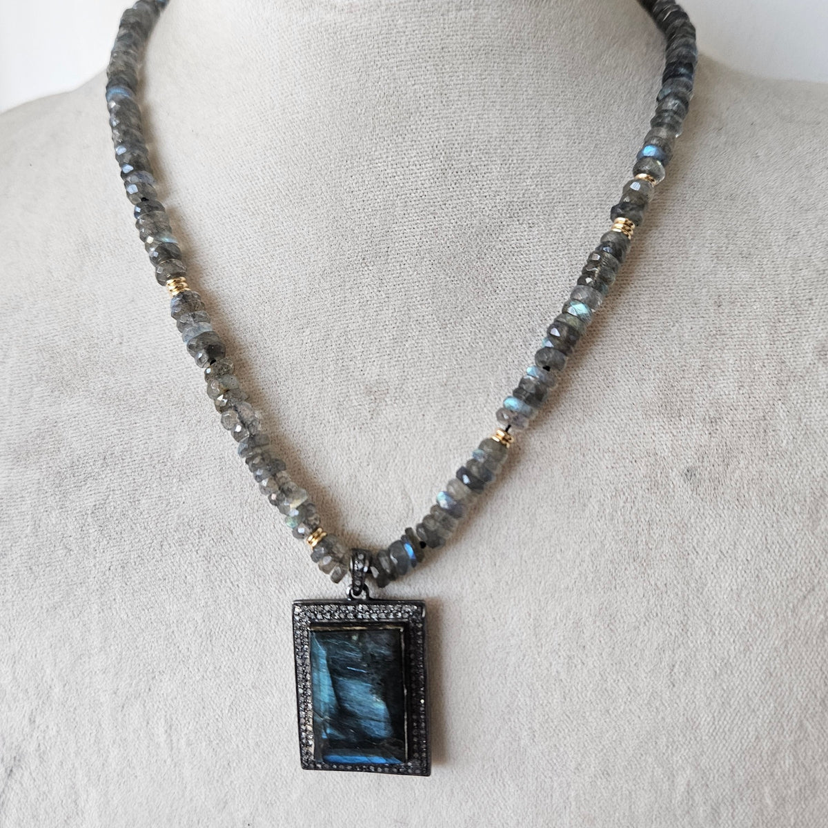 Square Labradorite statement Necklace in gray, handcrafted by Antiqua Jewelry