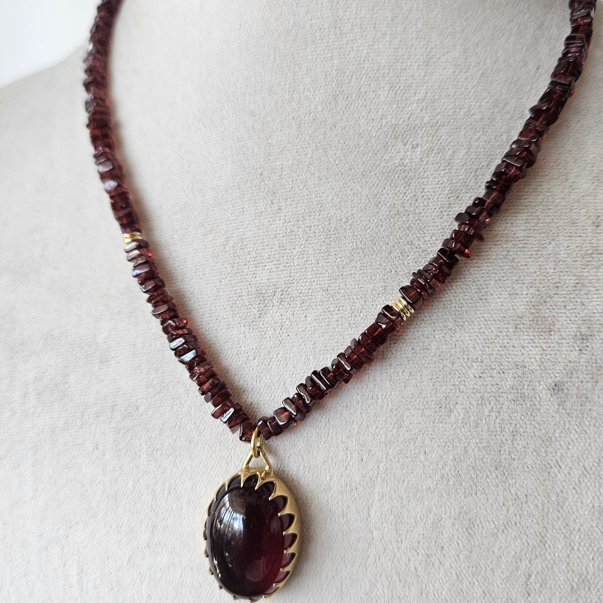 Garnet pendant Necklace in red, handcrafted by Antiqua Jewelry