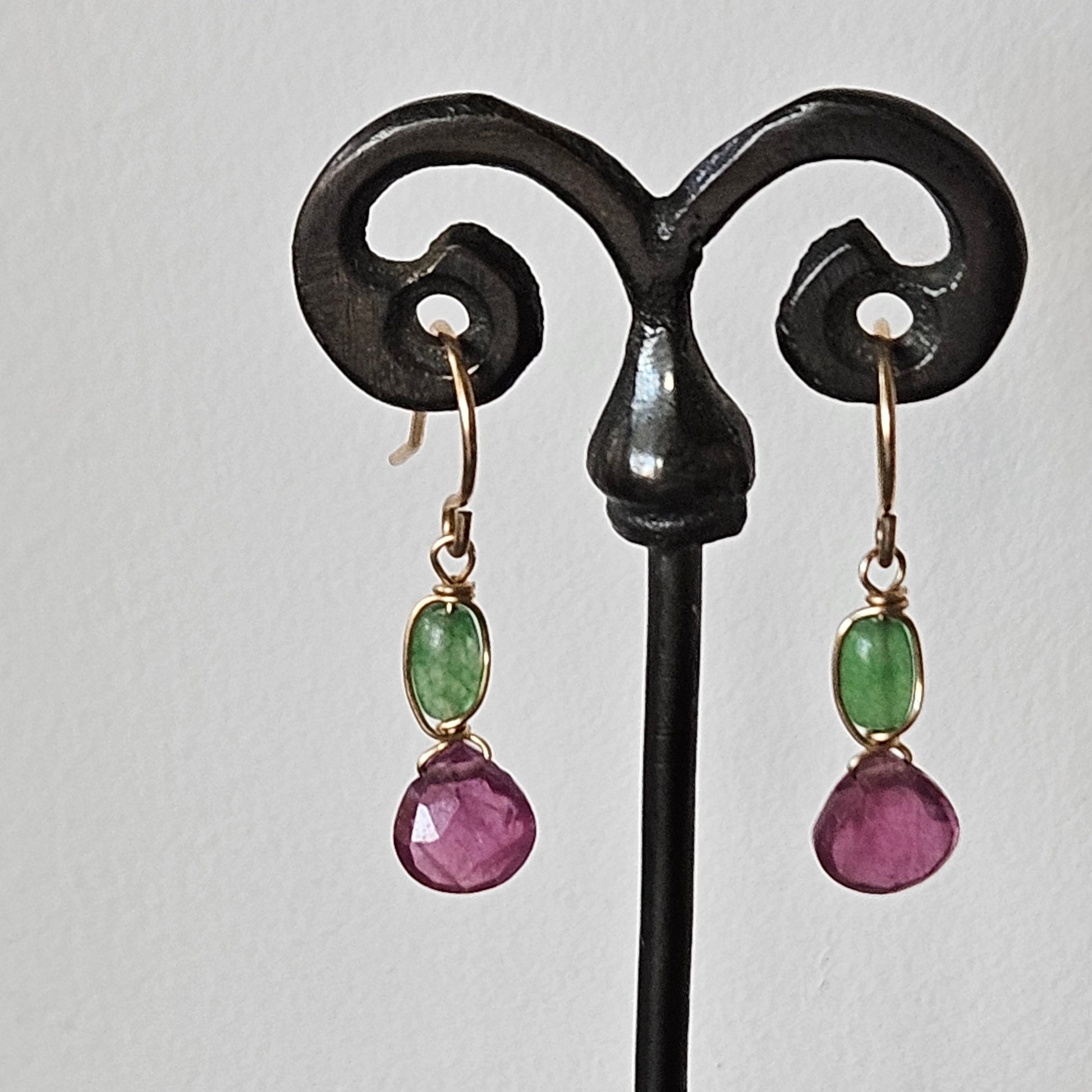 Pink Sapphire and Chrysoprase earrings in gold, handcrafted by Antiqua Jewelry