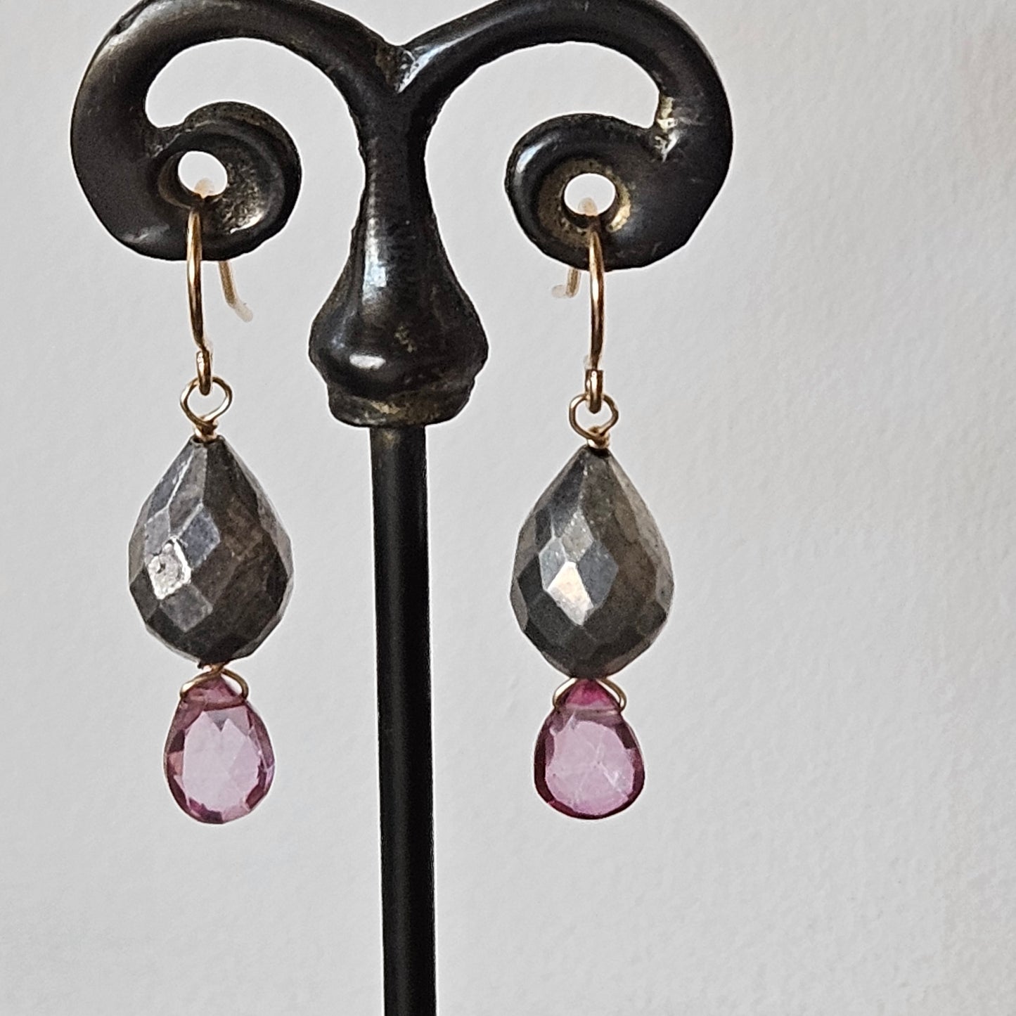 Pink Quartz and Pyrite earrings in gold, handcrafted by Antiqua Jewelry