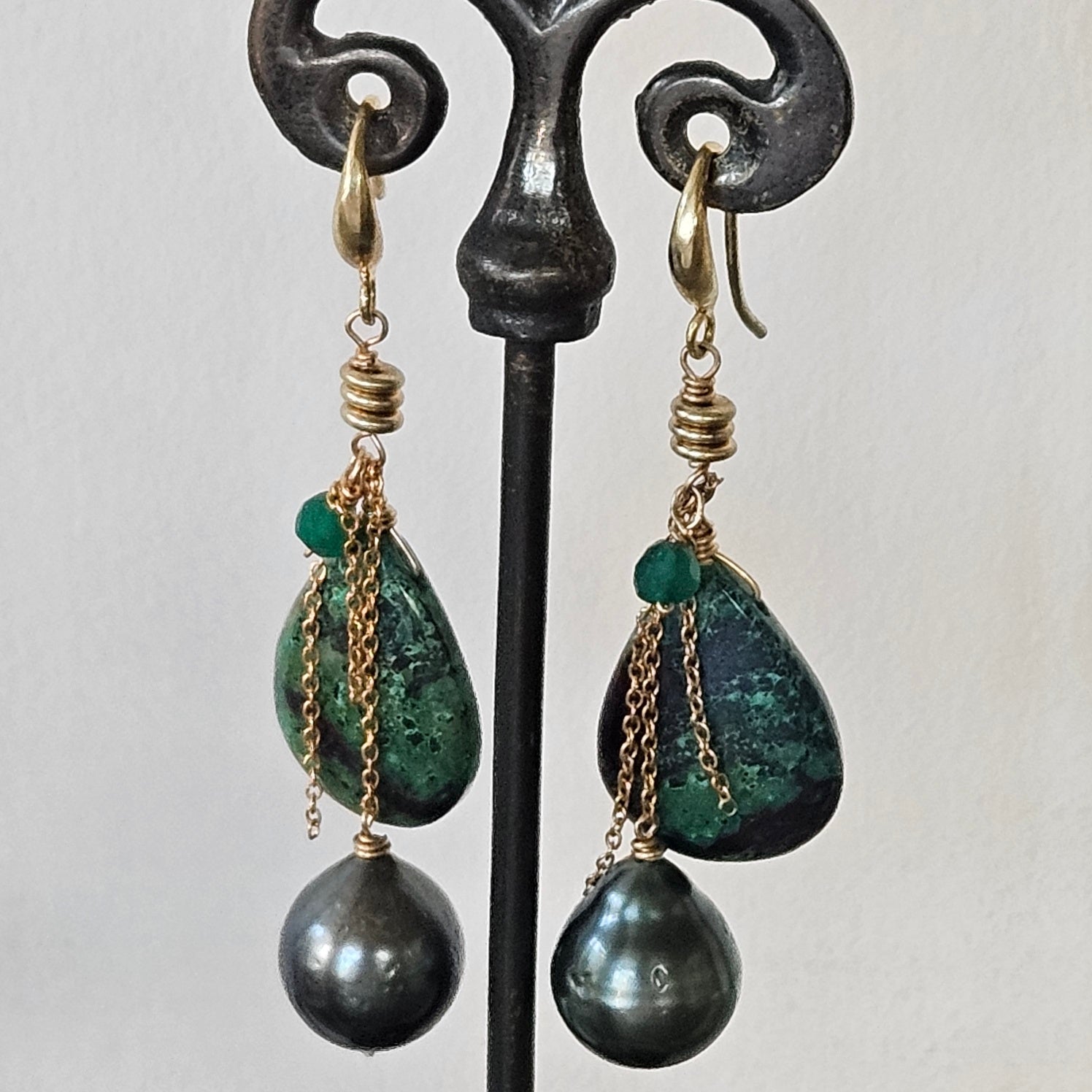 Tahitian Pearl and Chrysocolla earrings in black and gold, handcrafted by Antiqua Jewelry