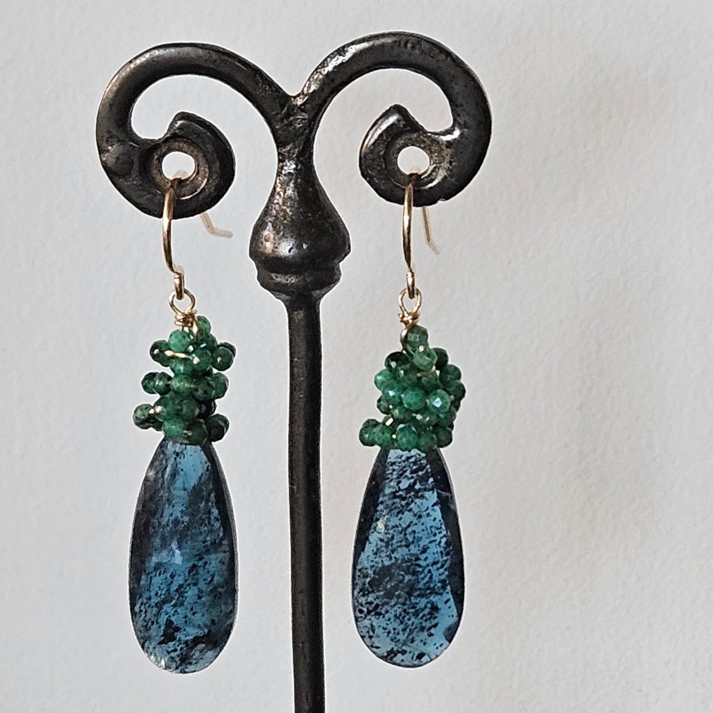 Kyanite and Emerald crown earrings in blue and gold, handcrafted by Antiqua Jewelry