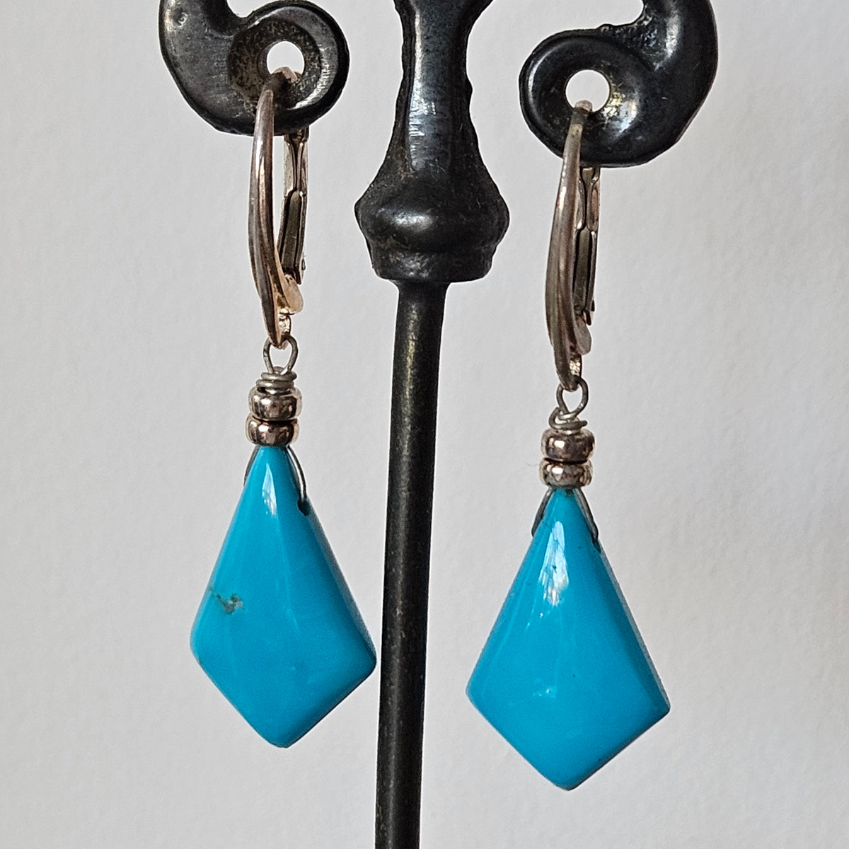Turquoise kite earrings in blue and enamel, handcrafted by Antiqua Jewelry