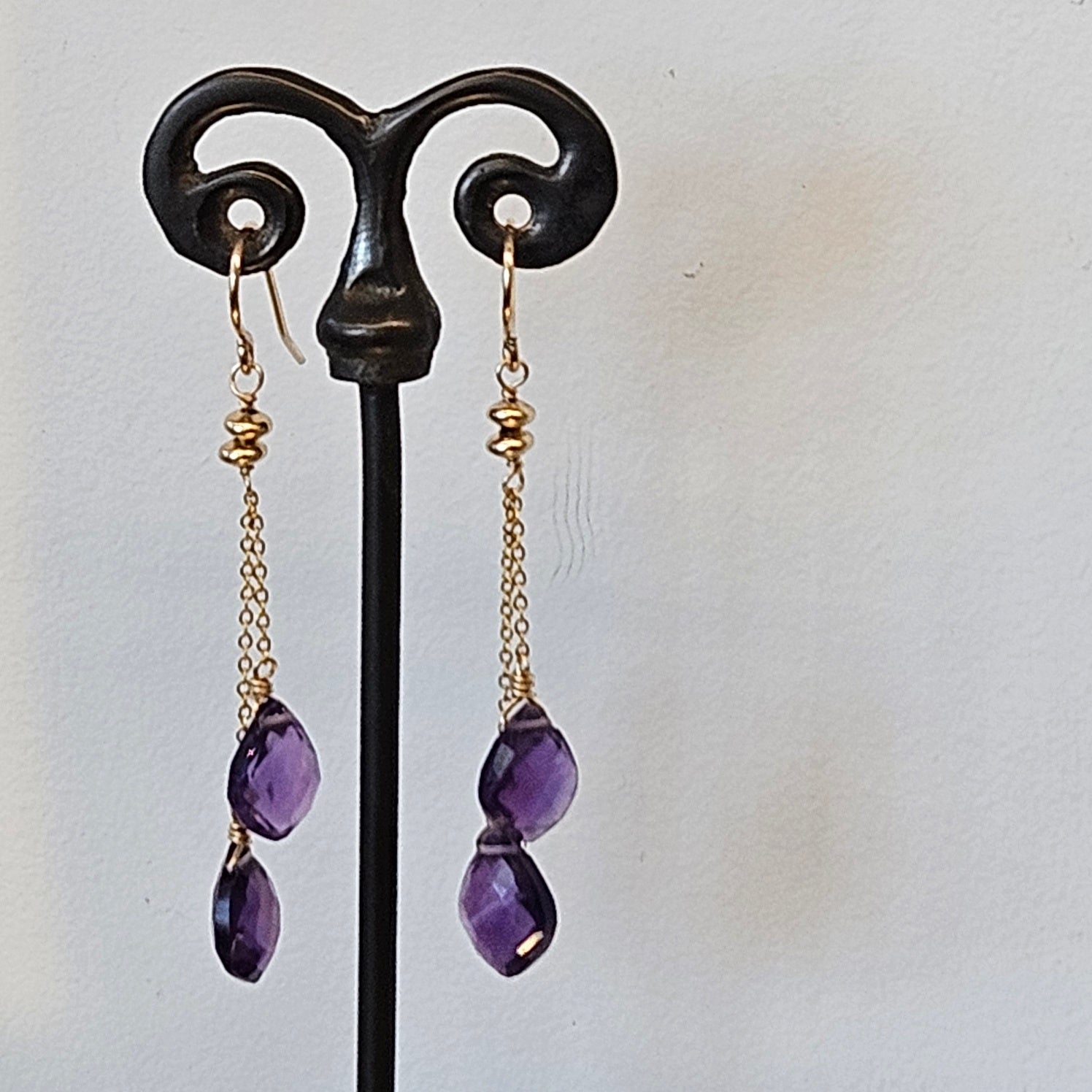 Double drop Amethyst earrings in purple and gold-plated, handcrafted by Antiqua Jewelry