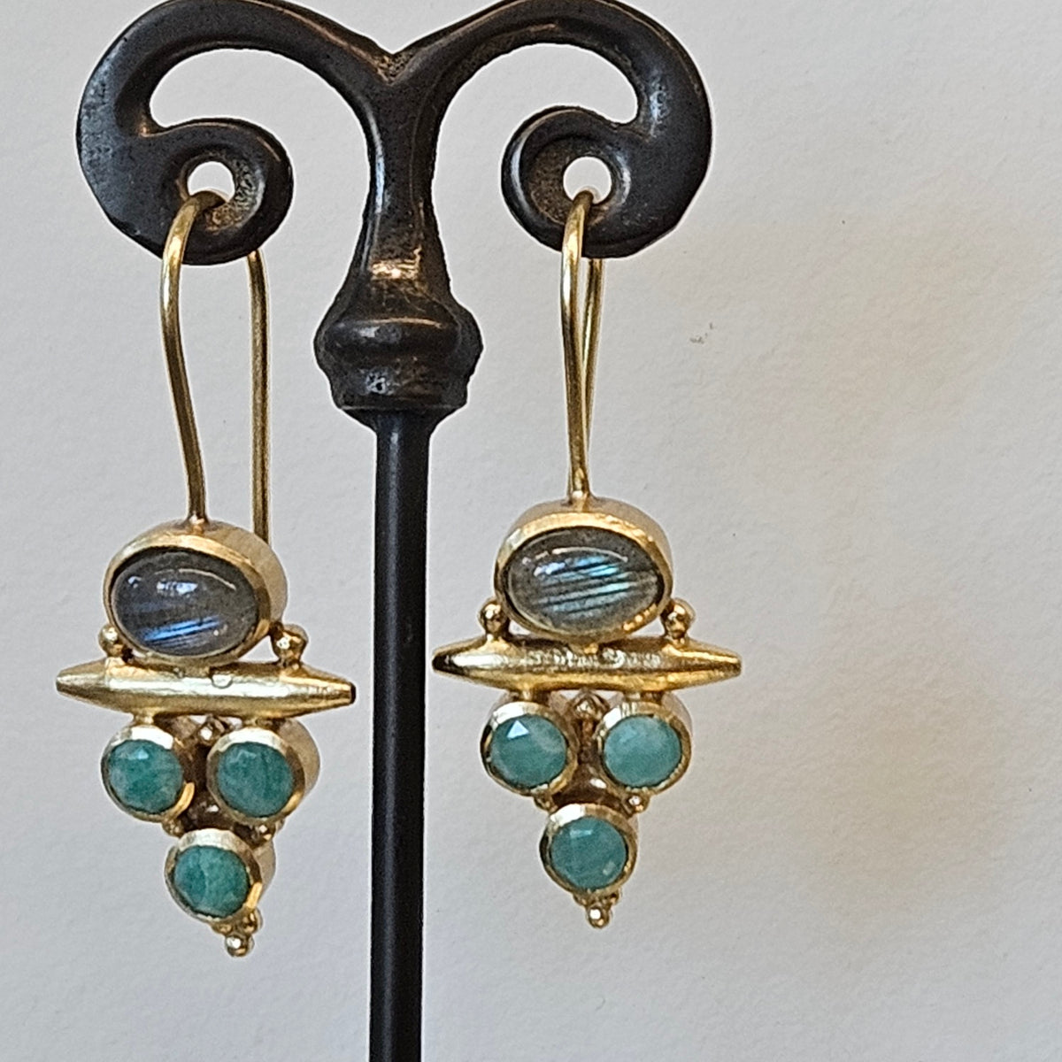 Amazonite and Labradorite earrings in gold and brass, handcrafted by Antiqua Jewelry