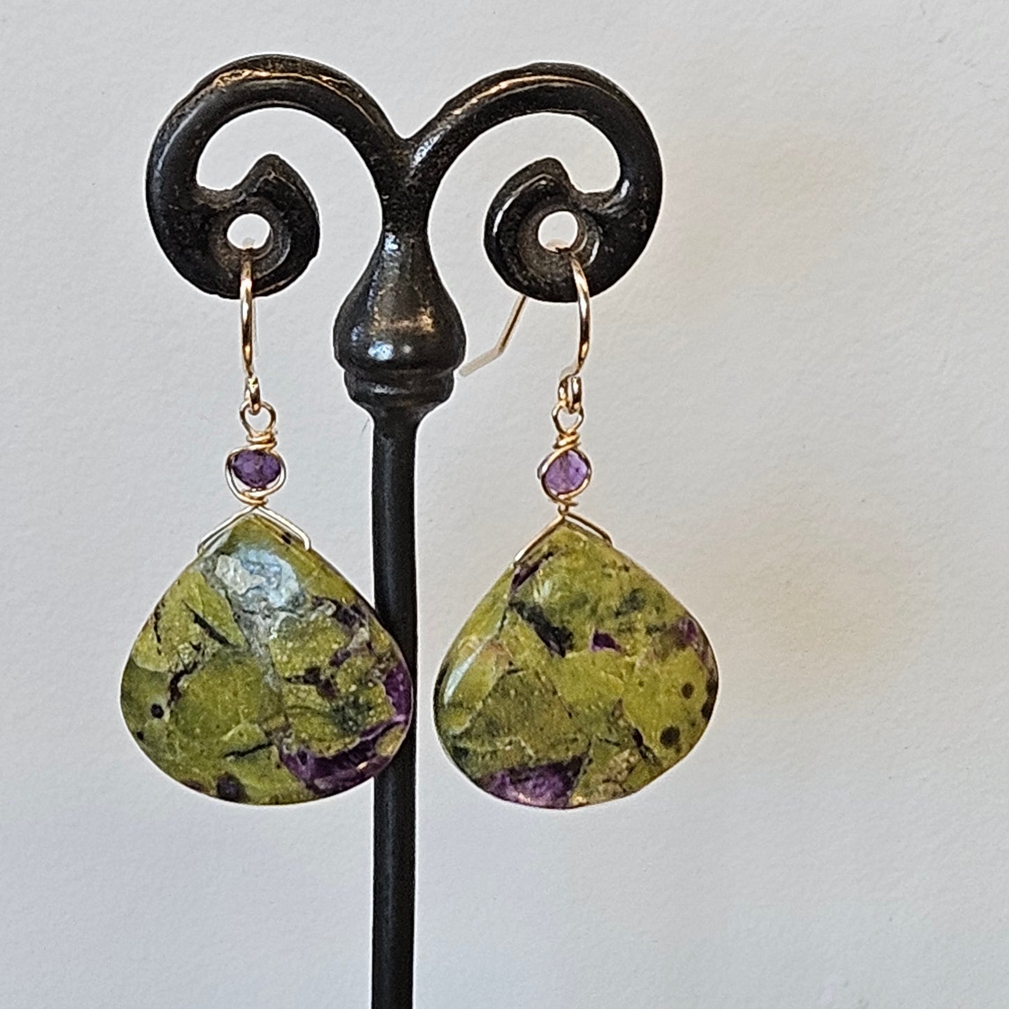Green and Purple earrings in gold-plated, handcrafted by Antiqua Jewelry