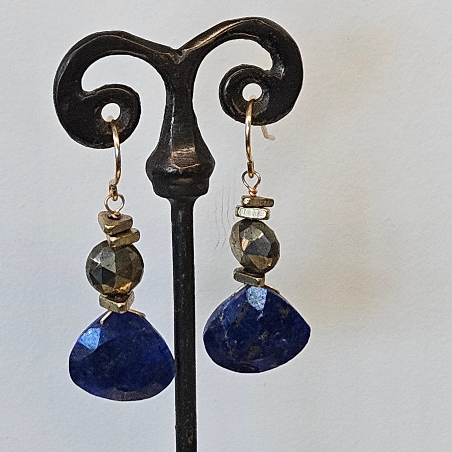 Lapis Pyrite combo earrings in blue and brass, handcrafted by Antiqua Jewelry