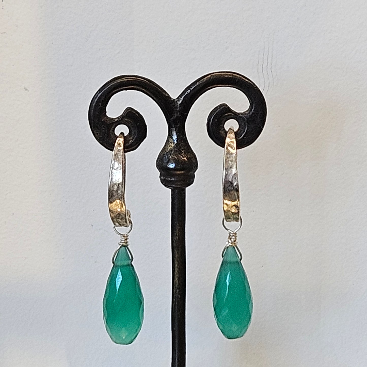 Green drop earrings in silver and sterling silver, handcrafted by Antiqua Jewelry