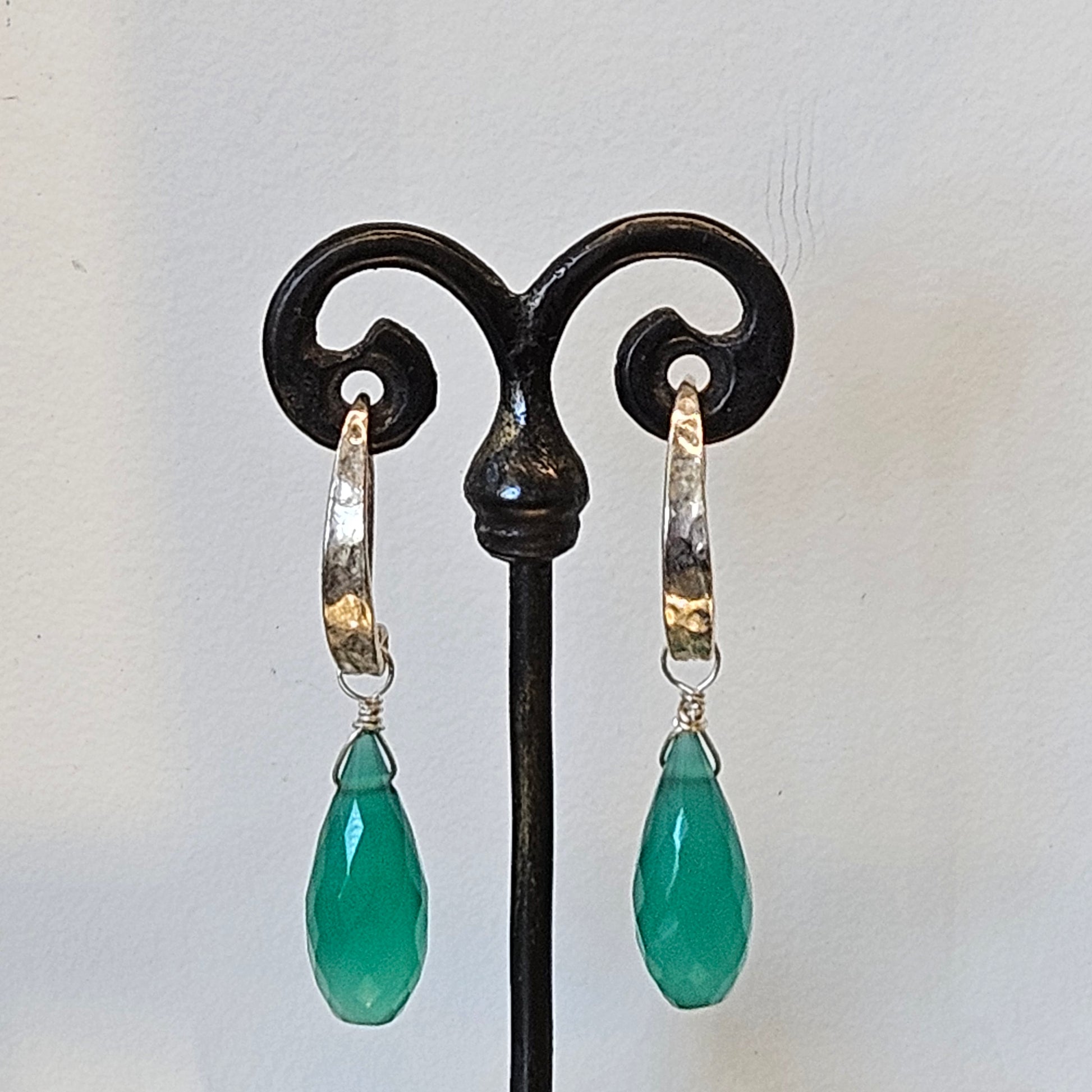 Green drop earrings in silver and sterling silver, handcrafted by Antiqua Jewelry