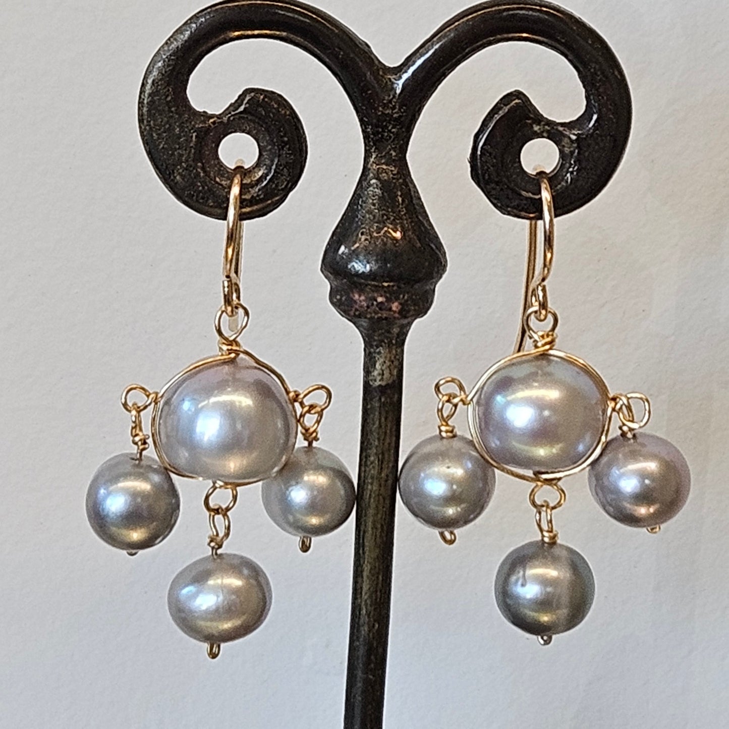 Triple Pearl earrings in gold and gold-plated, handcrafted by Antiqua Jewelry