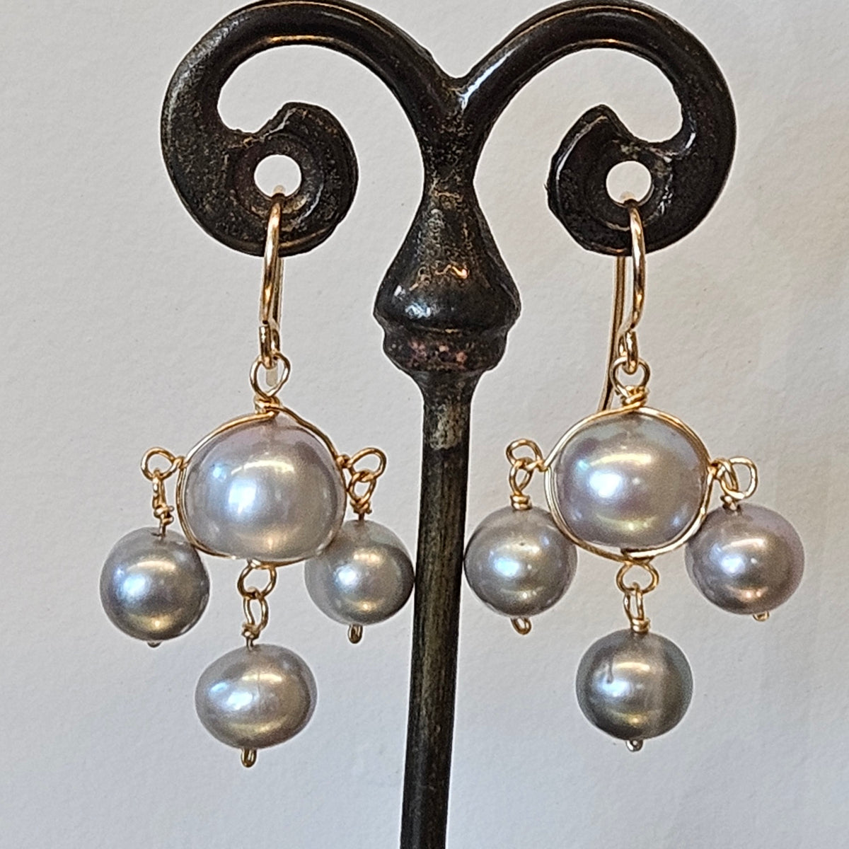 Triple Pearl earrings in gold and gold-plated, handcrafted by Antiqua Jewelry