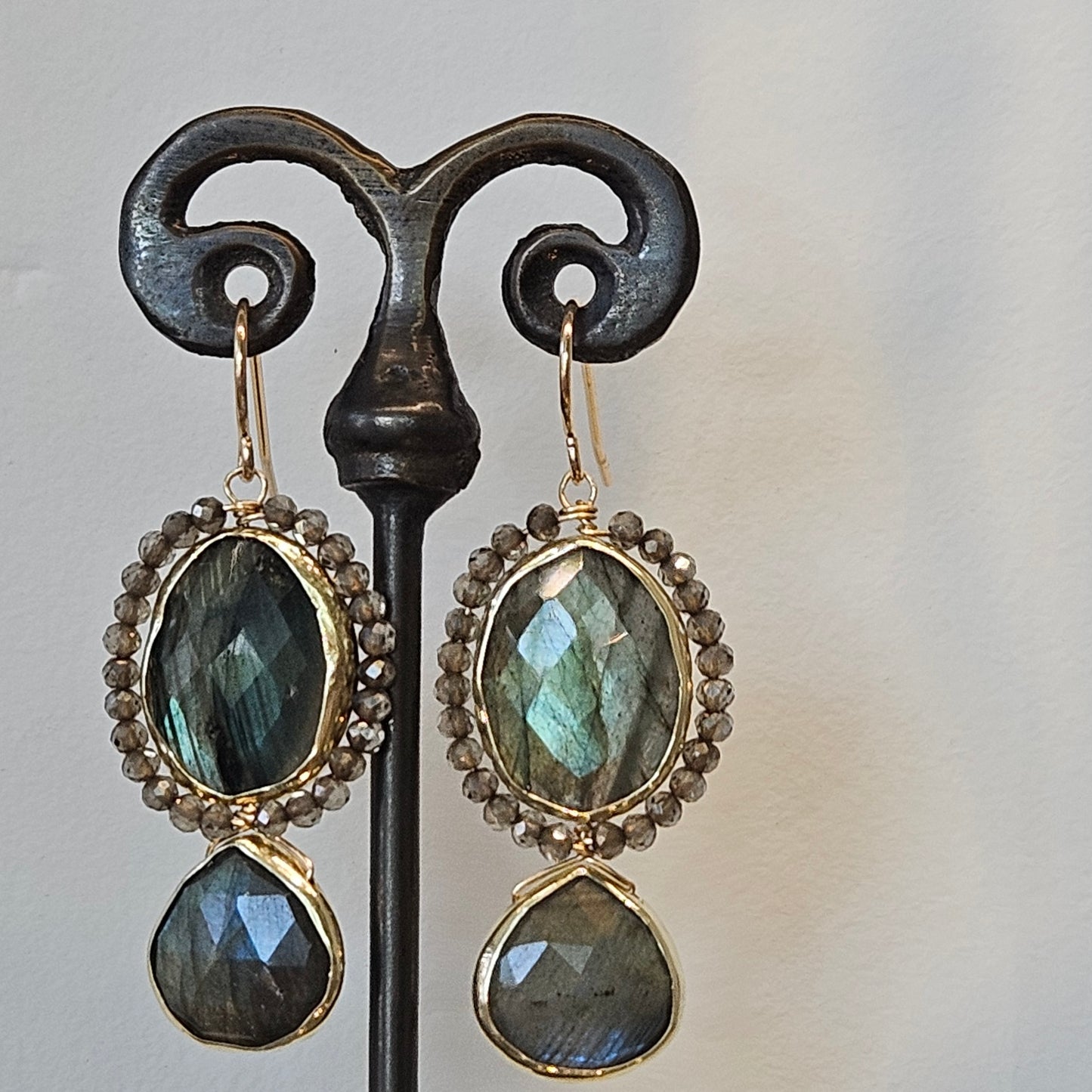 Victorian Lab earrings in gold and metal, handcrafted by Antiqua Jewelry