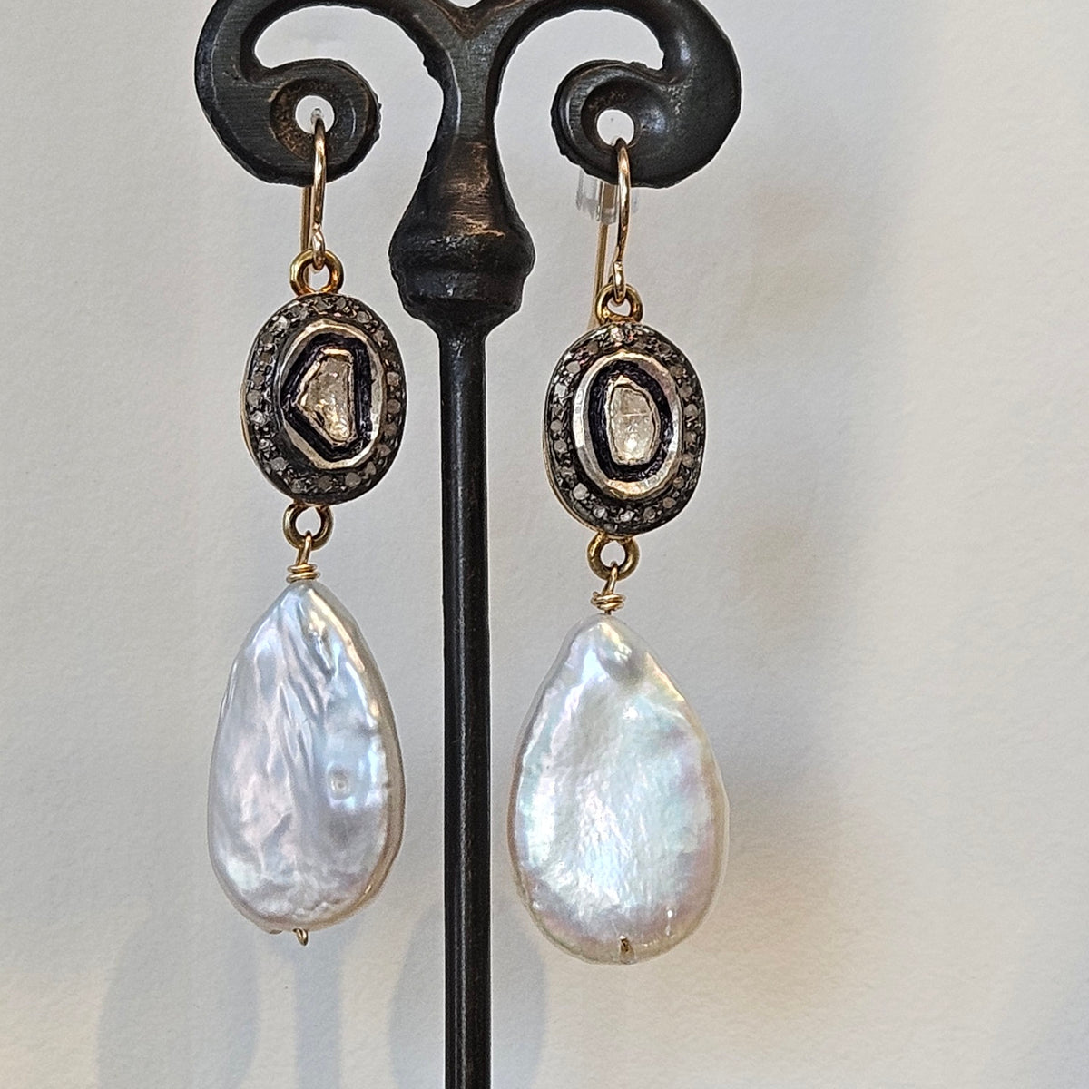 Tiny Diamonds and Pearl earrings in gold and metal, handcrafted by Antiqua Jewelry