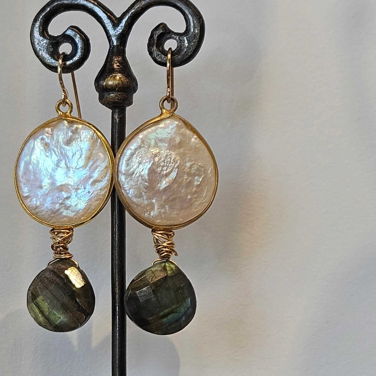 Round Pearl and Lab earrings in gold and metal, handcrafted by Antiqua Jewelry