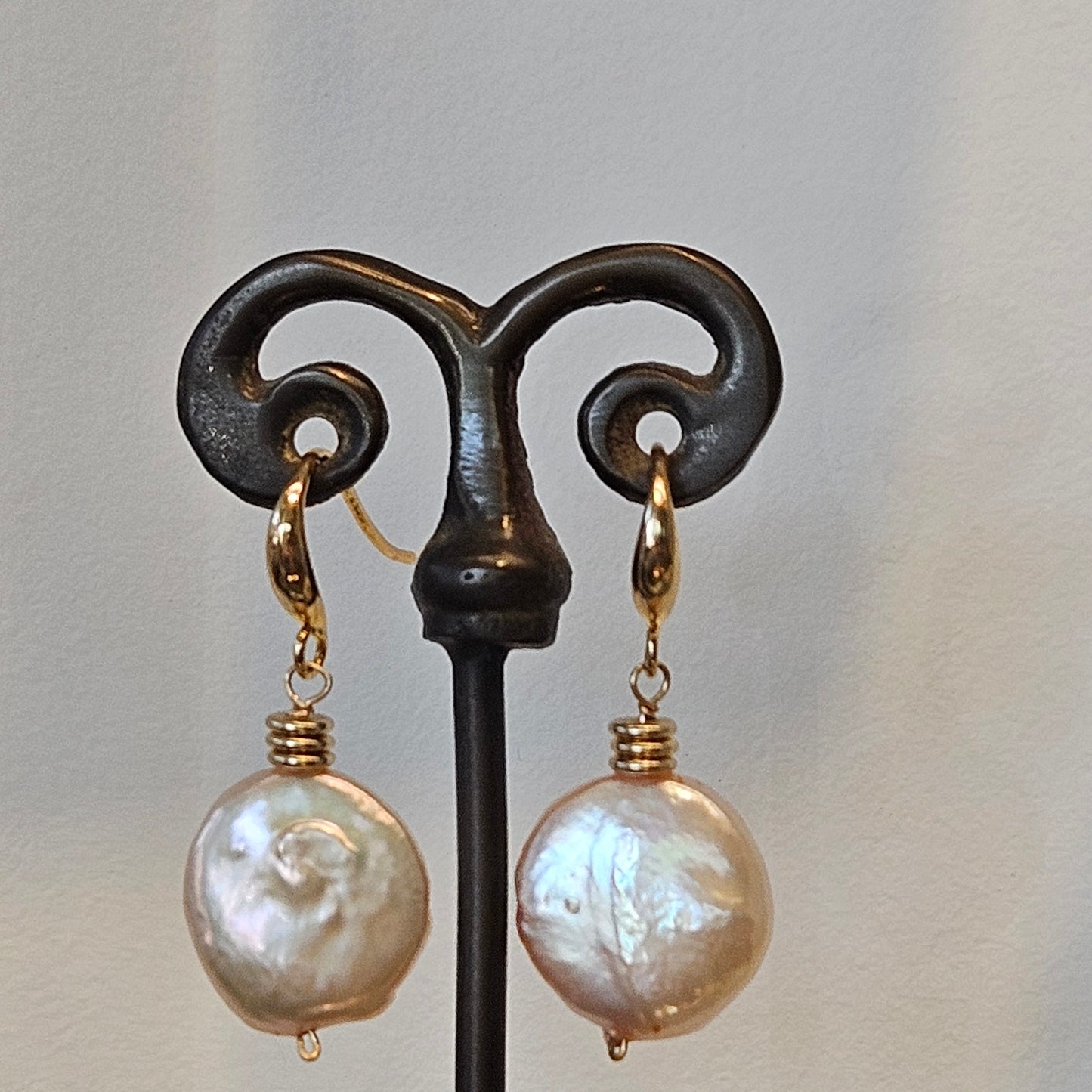 Peachy Pearls earrings in gold and metal, handcrafted by Antiqua Jewelry