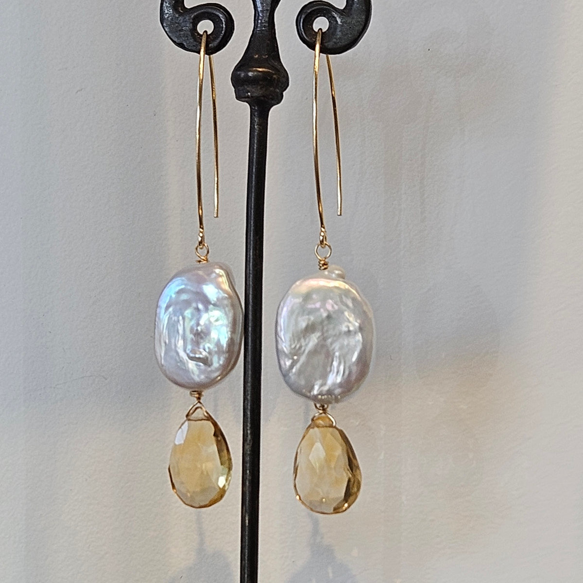 Citrine and Pearl earrings in gold and gold-plated, handcrafted by Antiqua Jewelry