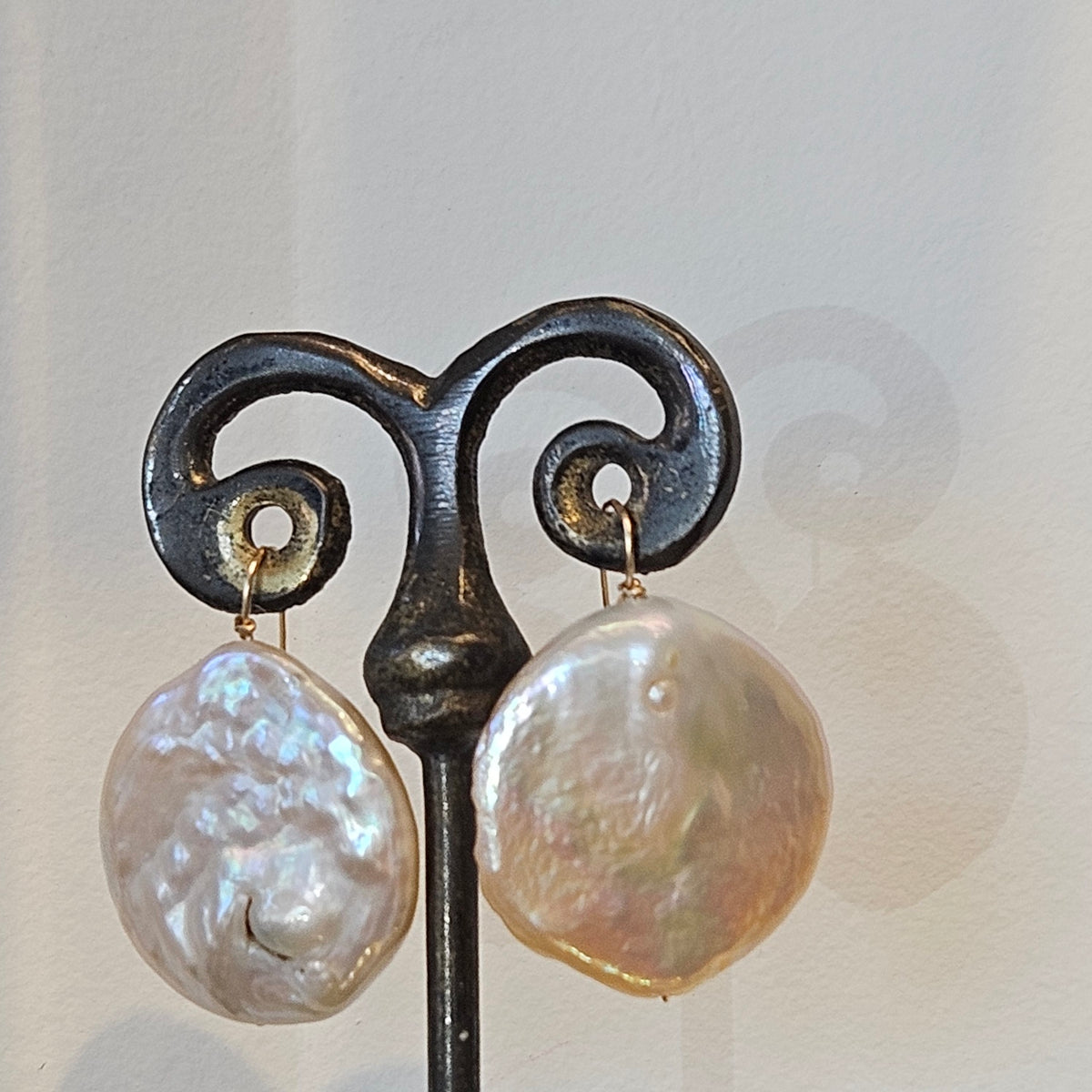 Large round Pearl earrings in gold and gold-plated, handcrafted by Antiqua Jewelry
