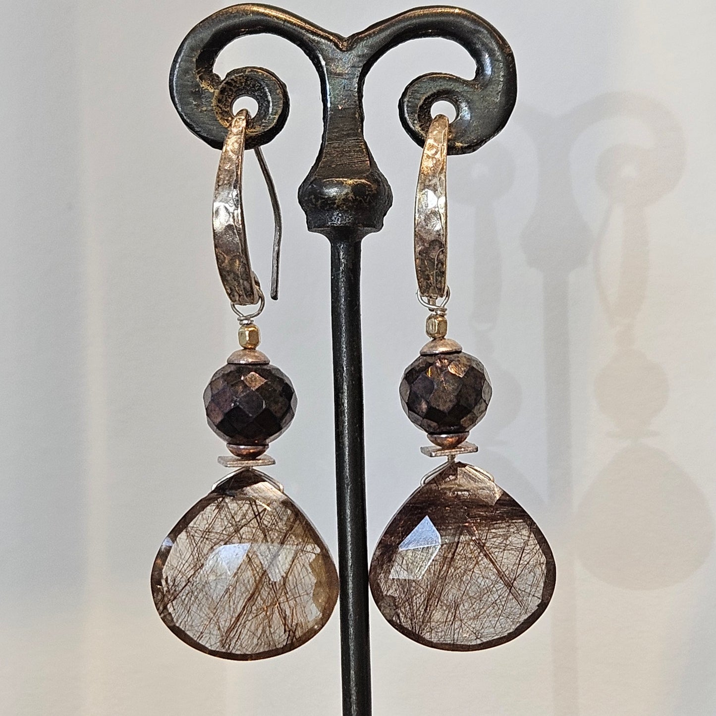 Rose cut Rutilated Quartz earrings in geometric and sterling silver, handcrafted by Antiqua Jewelry