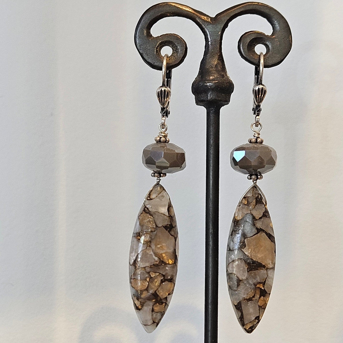 Copper Calcite earrings in brown and precious/semiprecious stones, handcrafted by Antiqua Jewelry