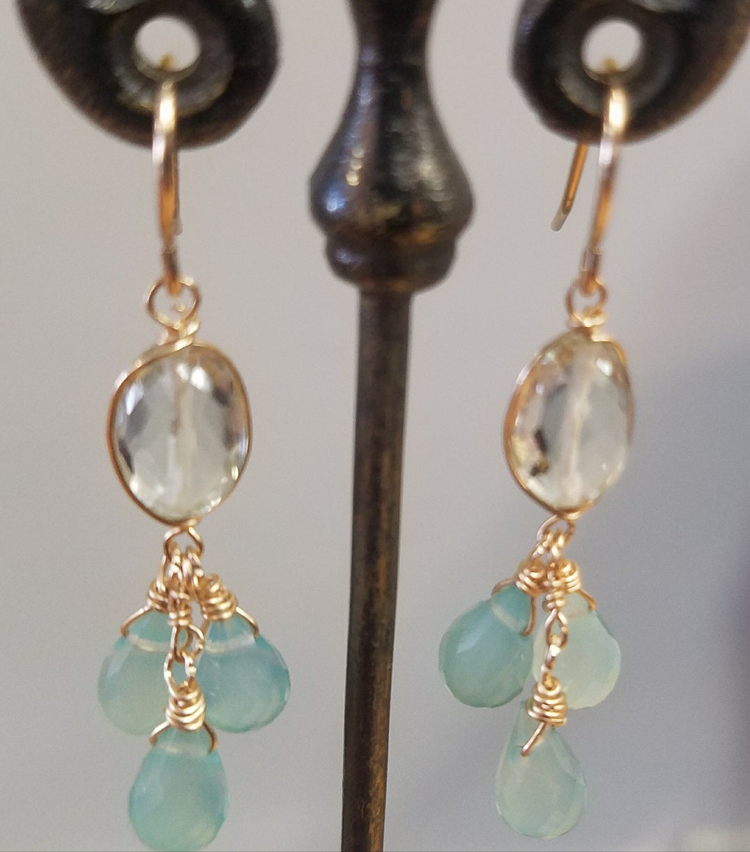 Chalcedony and Green Amethyst earrings, handcrafted by Antiqua Jewelry