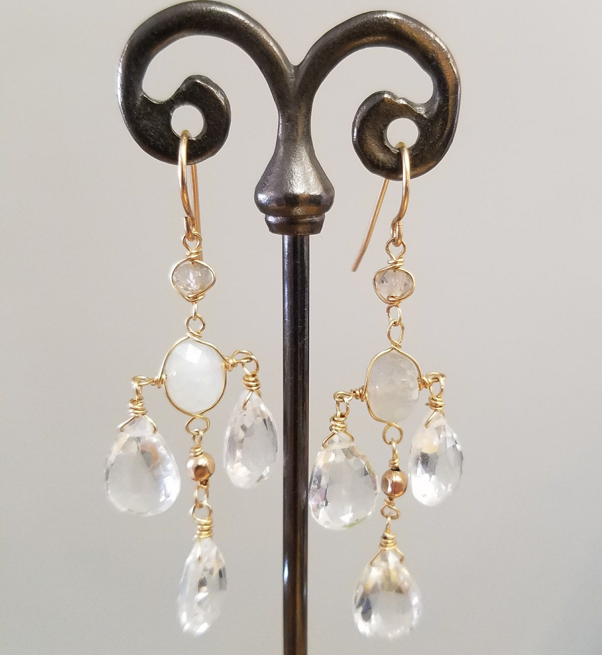 Moonstone and Topaz Chandelier Earrings in white, handcrafted by Antiqua Jewelry