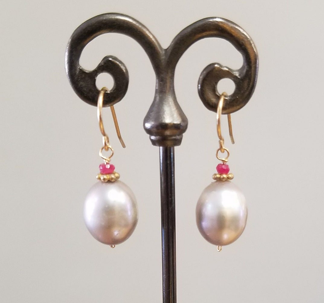 Lustrous Pearl with Ruby earrings, handcrafted by Antiqua Jewelry