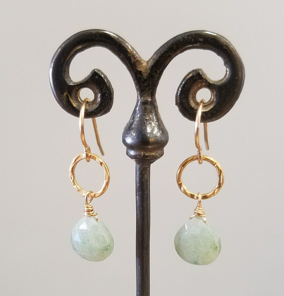 Silvernite in a green shade on a gold ring, handcrafted earrings by Antiqua Jewelry