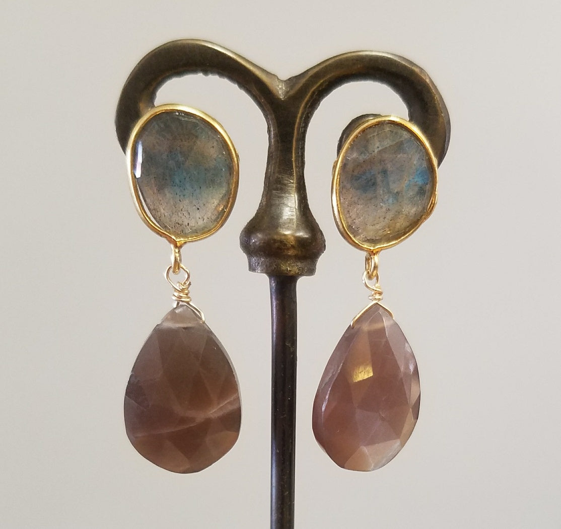 Chocolate Moonstone and Labradorite Earrings, handcrafted by Antiqua Jewelry