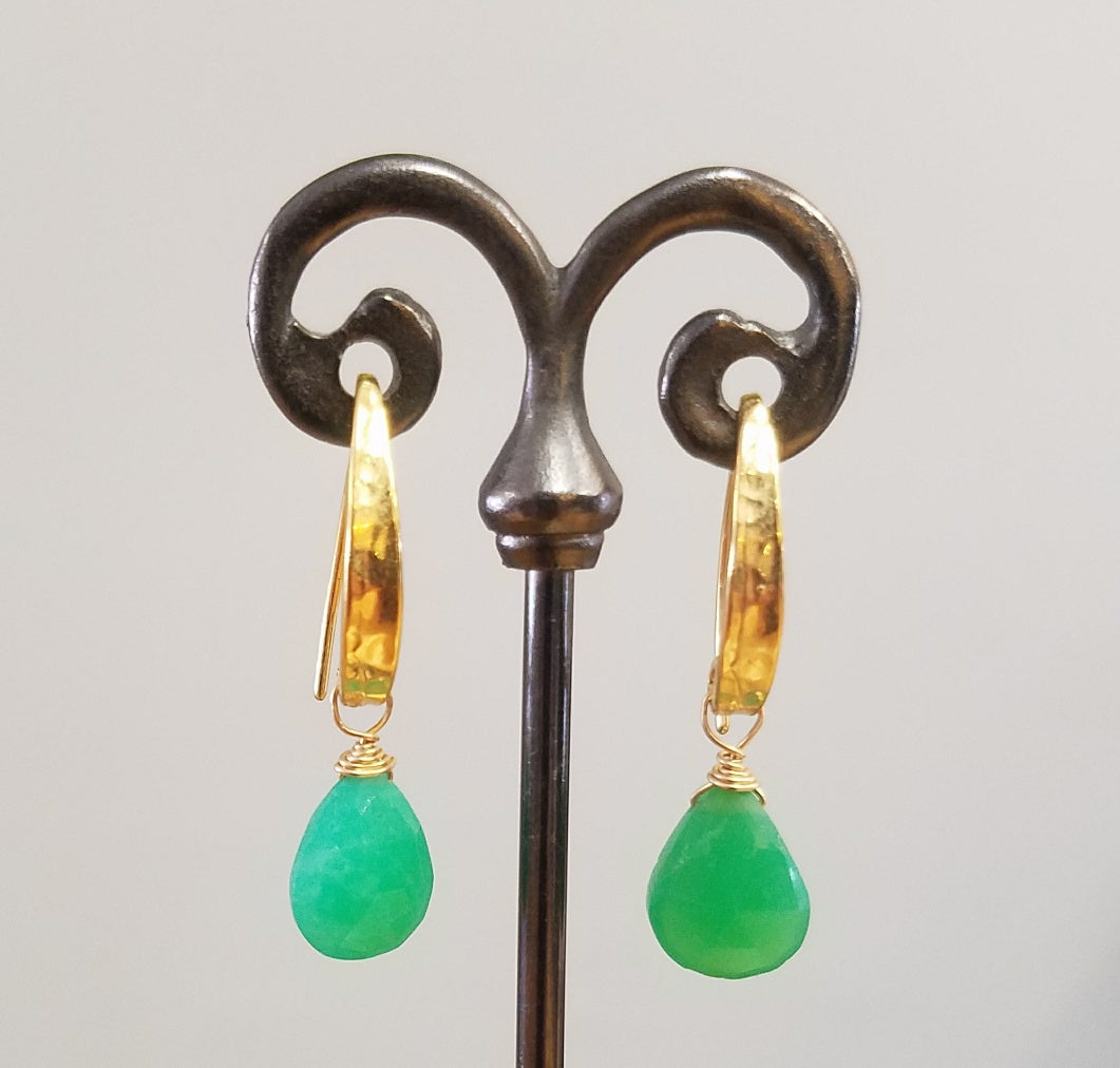 Hammered ear wires and shiny Chrysoprase Earrings in green, handcrafted by Antiqua Jewelry