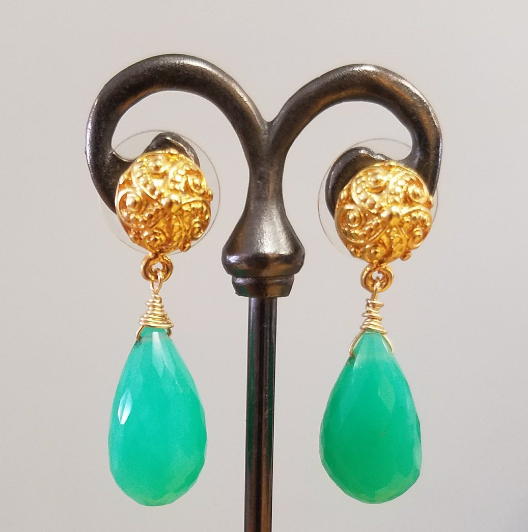 Majestic Chrysoprase on posts Earrings in green, handcrafted by Antiqua Jewelry