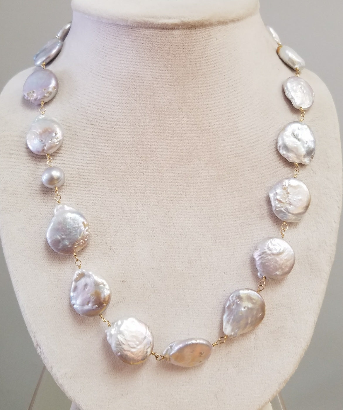 Coin Pearl Necklace in white, handcrafted by Antiqua Jewelry